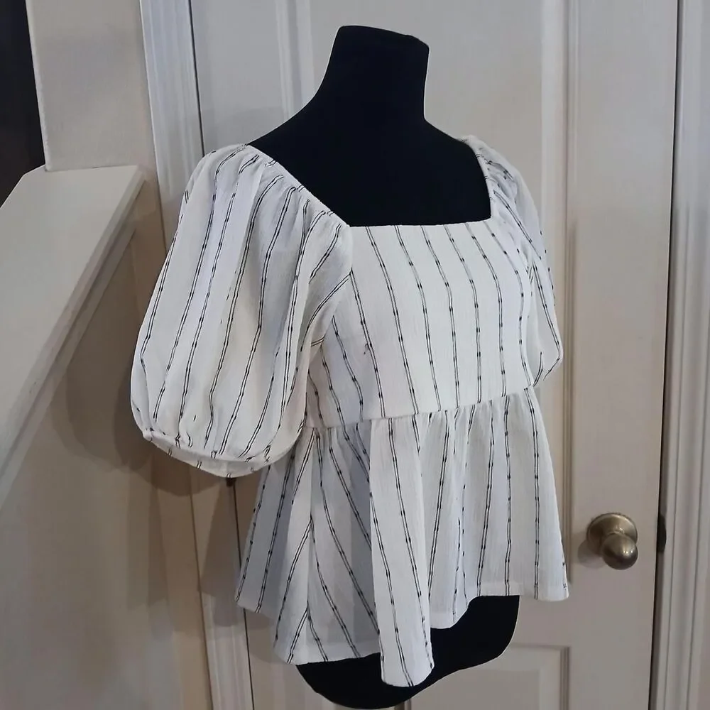 Madewell Knit-Right-In Dot Pattern Puff-Sleeve Top Square Neck Empire Waist S
